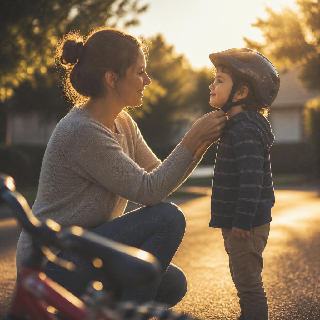 A parent adjusting their child's helmet strap in warm morning light