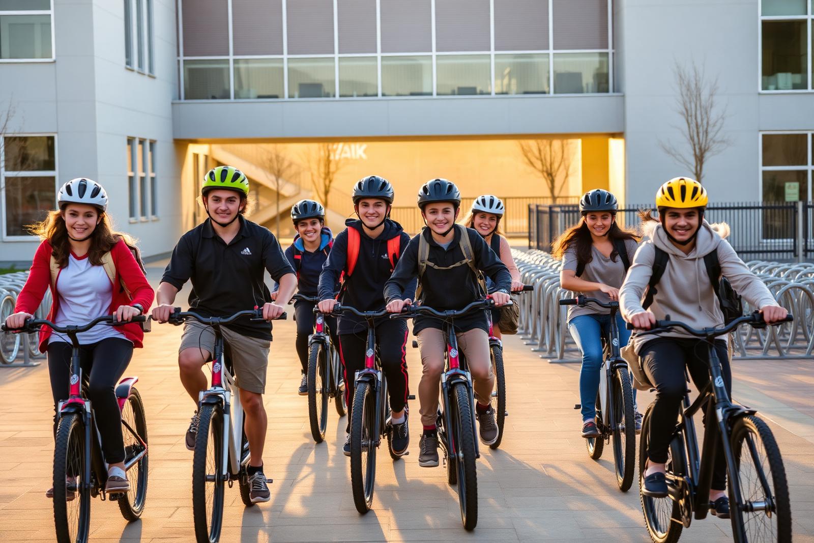 Middle and high school students arriving on bicycles