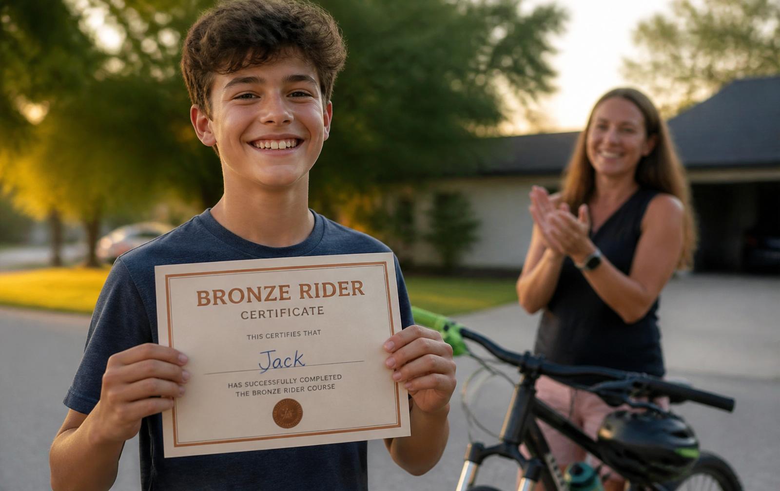 A proud teenage rider holding their Bronze Rider™ certificate while their parent congratulates them