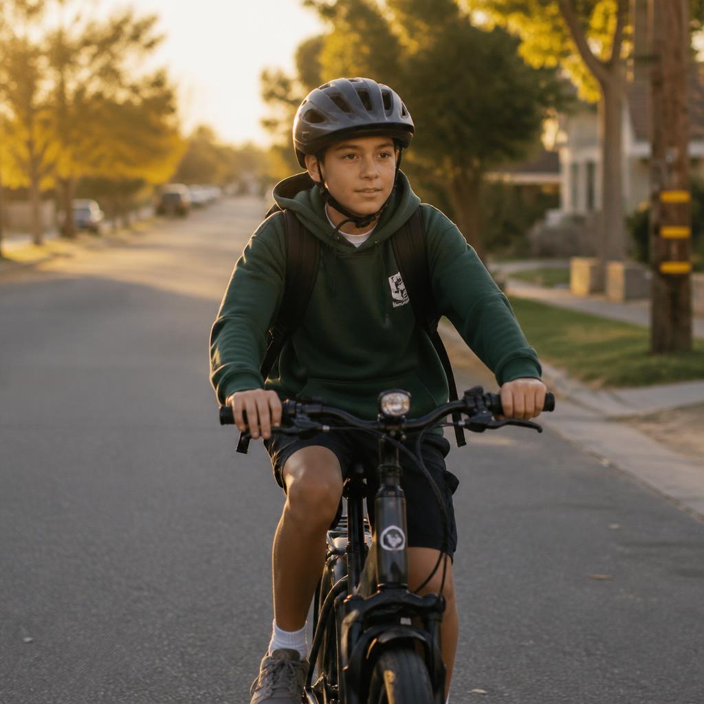 A middle-school rider confidently riding to school, wearing a helmet, gaining independence