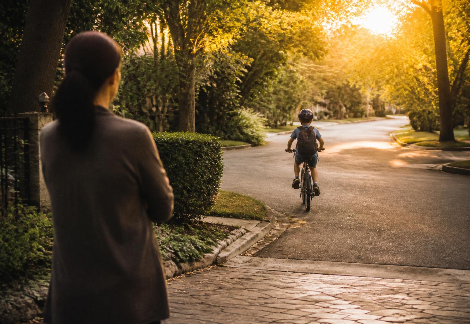 A parent quietly watching from the driveway as their child rides toward school