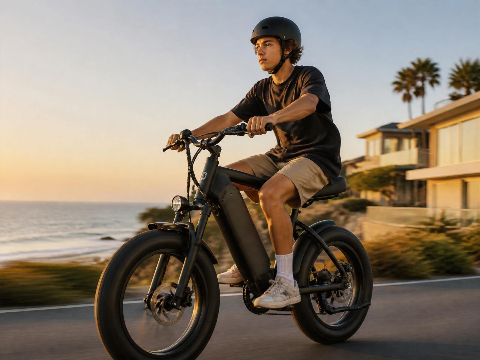 A teenage rider on a modern e-bike along a scenic coastal road at golden hour