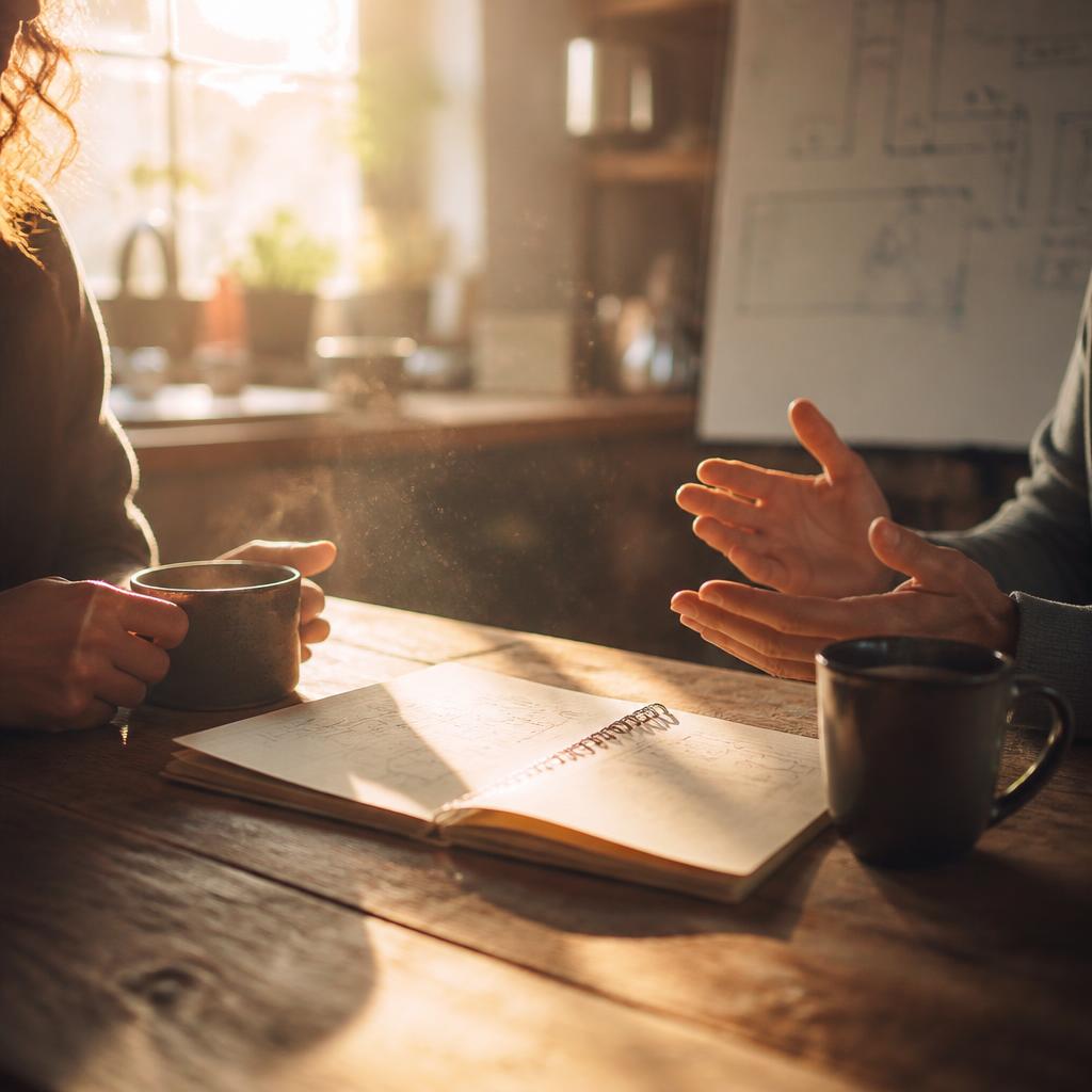 Two people talking over coffee, an open notebook of sketches between them, warm morning light