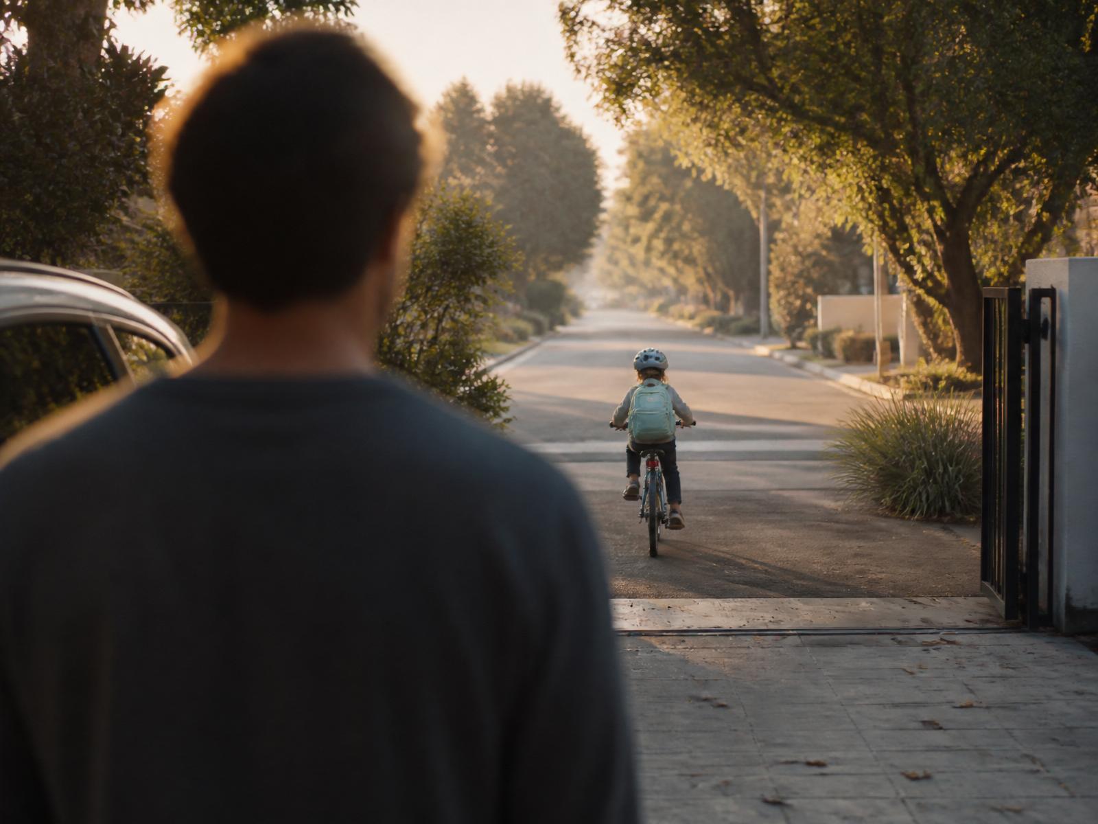 A parent standing in the driveway watching their child confidently ride away toward school