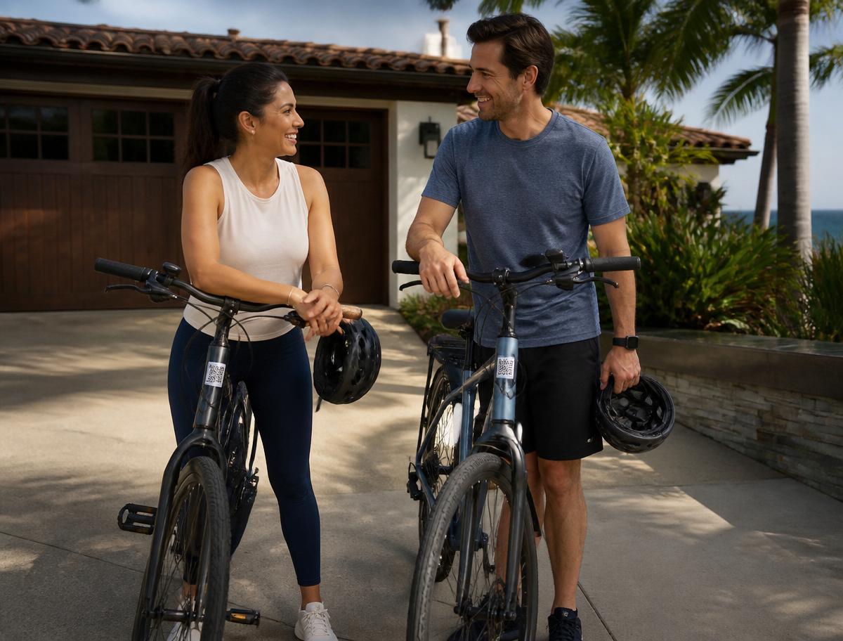 A couple standing together with bicycles and helmets