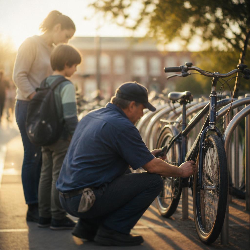 A parent helping a child with their bicycle at a school bike rack in warm morning light