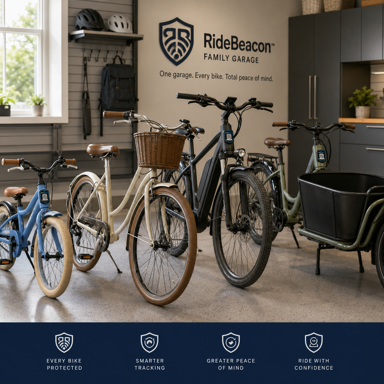 RideBeacon Family Garage™ — a family's bicycles including a child's bike, cruiser, e-bike, and cargo bike, each wearing the RideBeacon Badge™