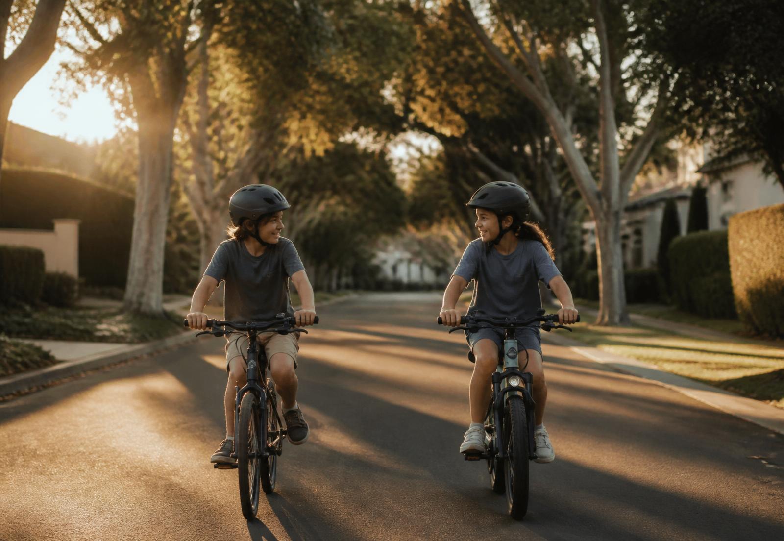 Older children riding confidently together on a tree-lined neighborhood street