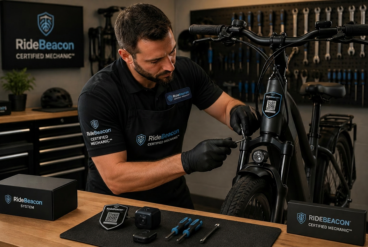 A bike shop mechanic inspecting a bicycle in a professional workshop