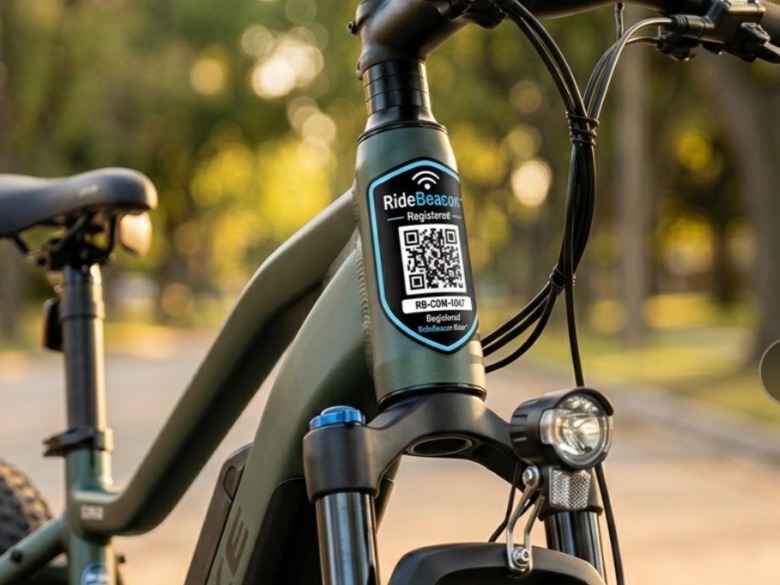 A RideBeacon Badge mounted on a bicycle — the anchor of the permanent record