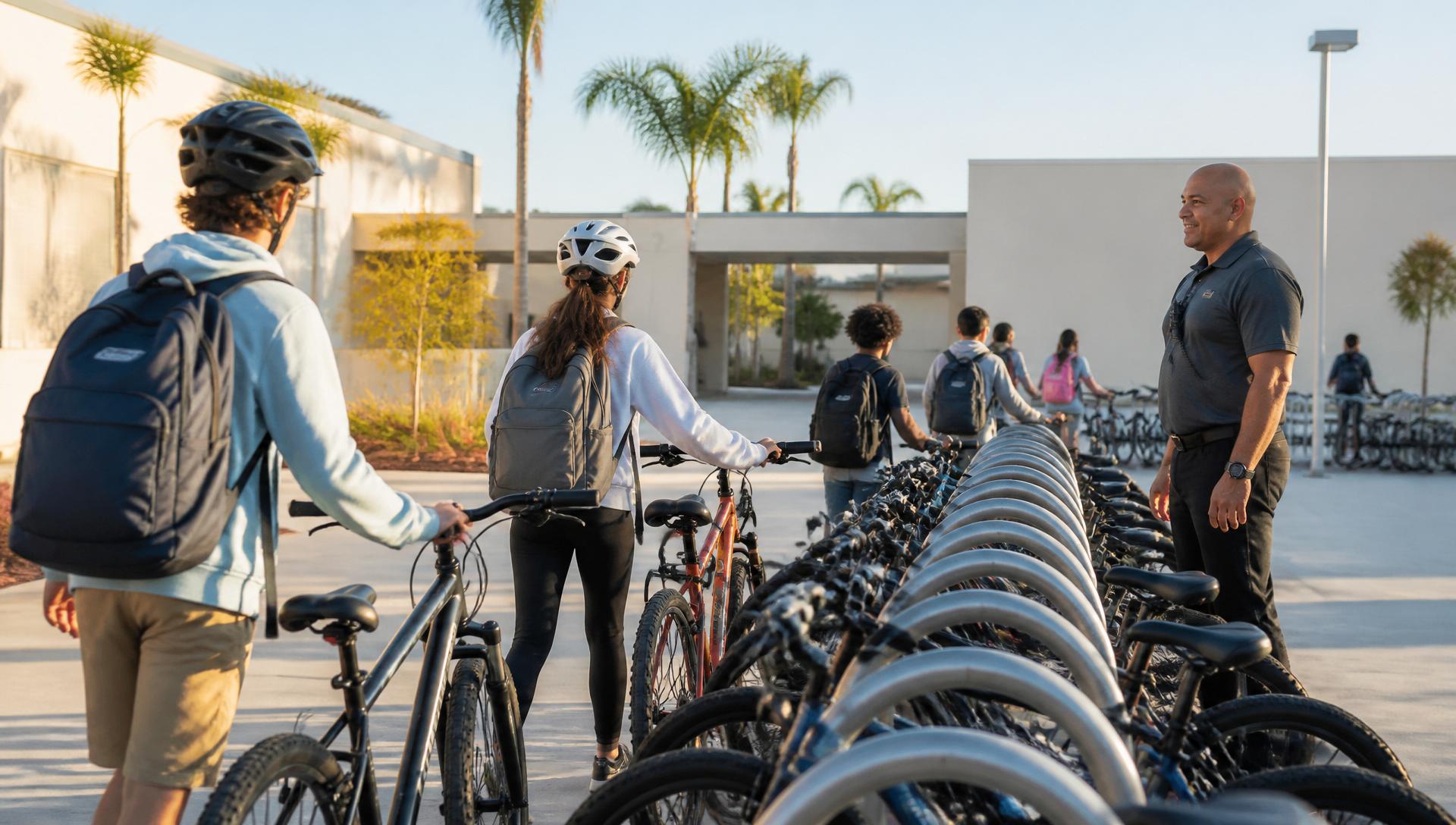 Middle school students arriving at campus bike parking