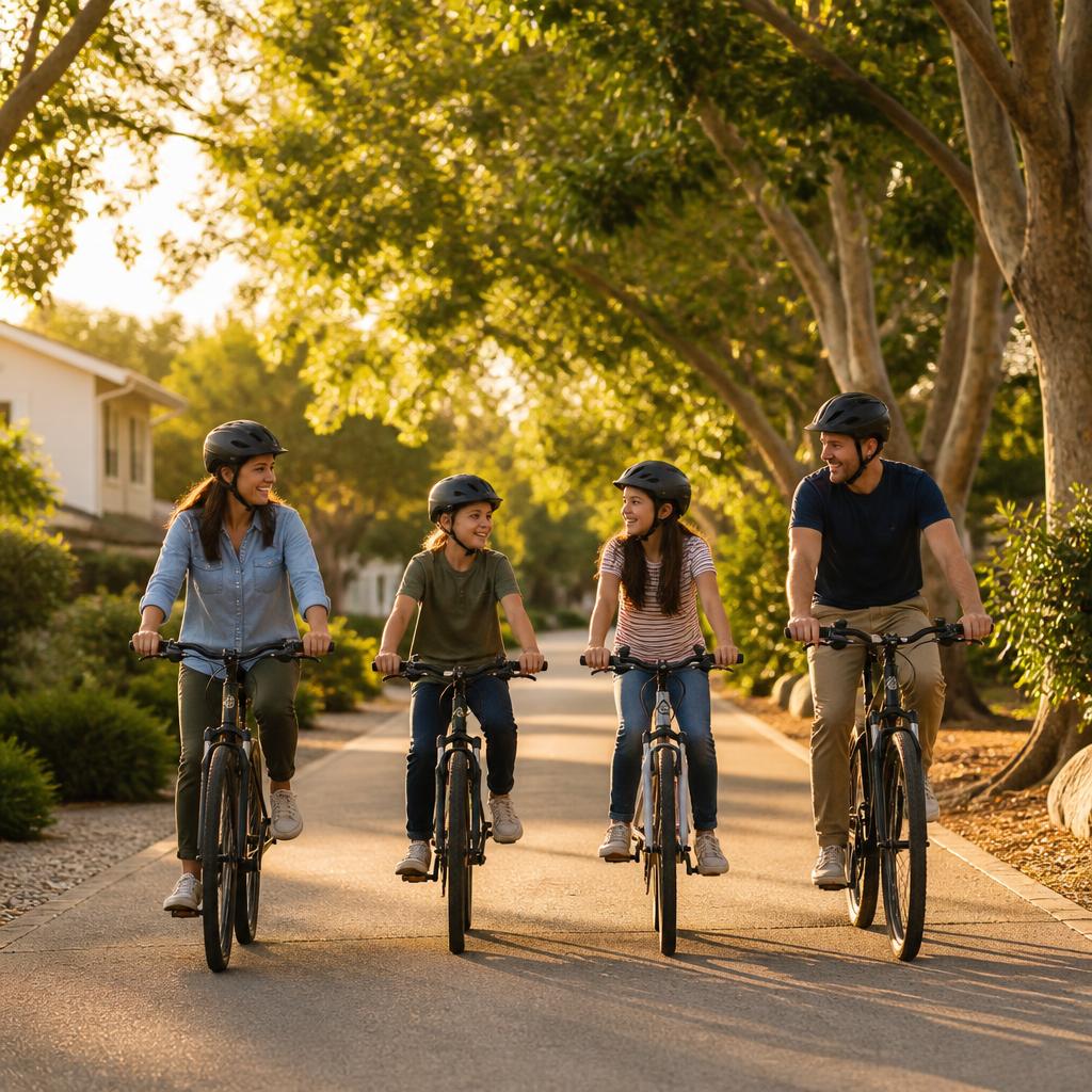 A family riding bicycles together on a tree-lined neighborhood street